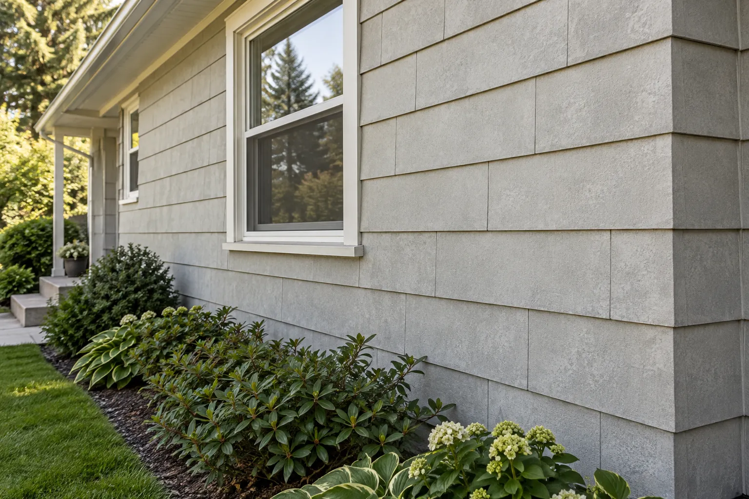 Intact gray cement-shingle siding on the exterior of a house